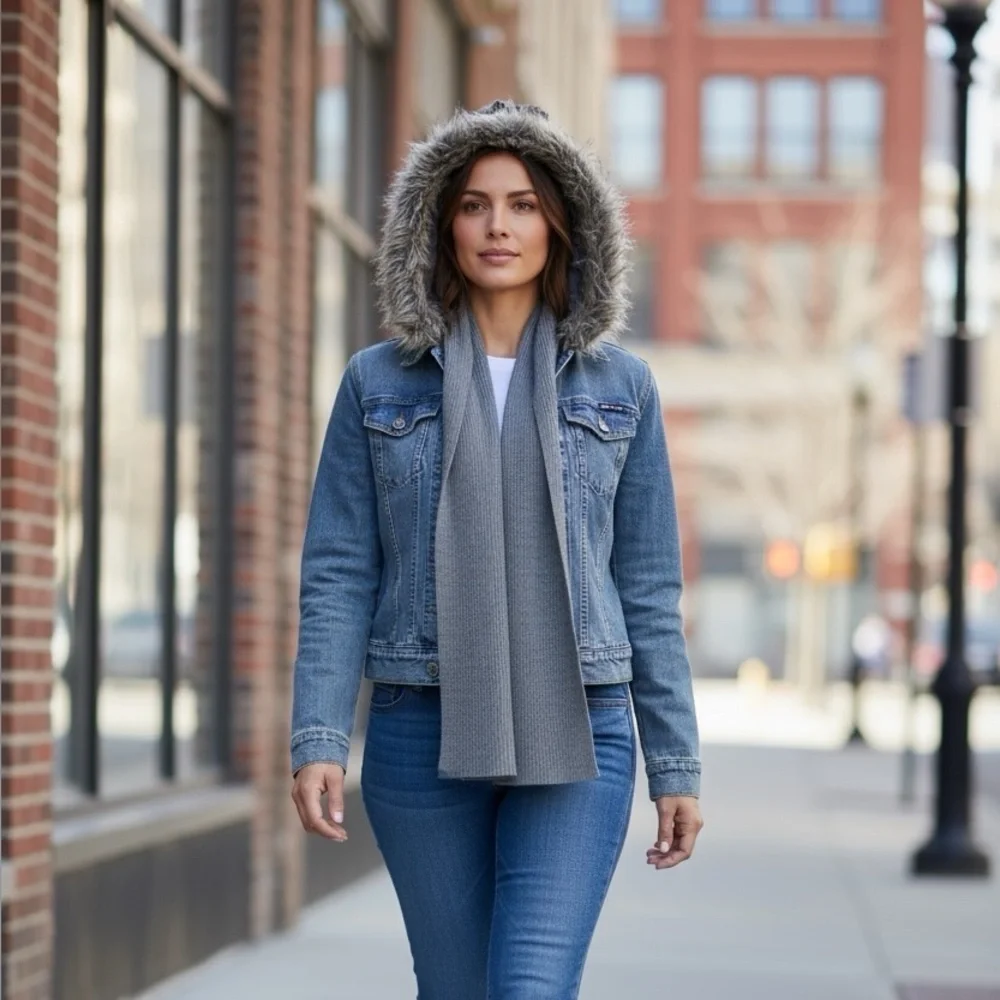 cabi - OS - faux Trim hooded scarf - grey and textured - very stylish and soft